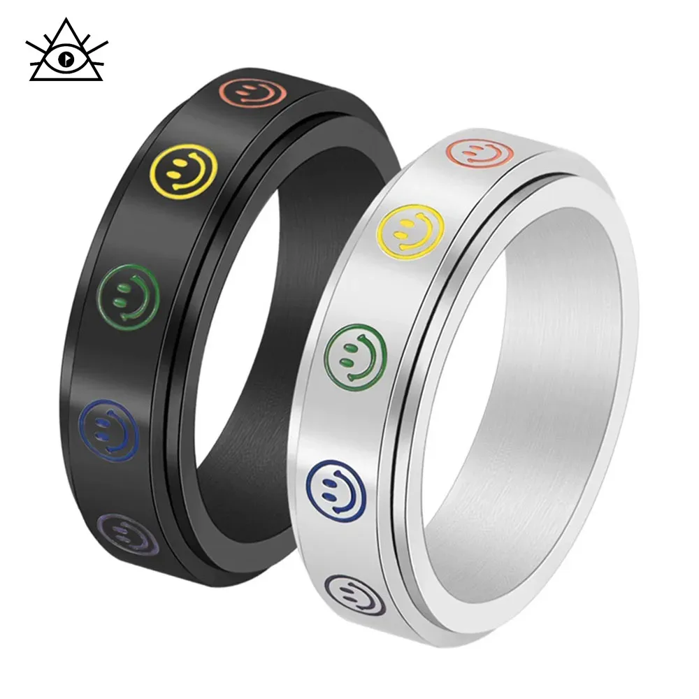 Personalized Titanium Steel Jewelry Emoticon Rainbow Six-color Rotatable Ring Niche Women's Oil-drip Jewelry