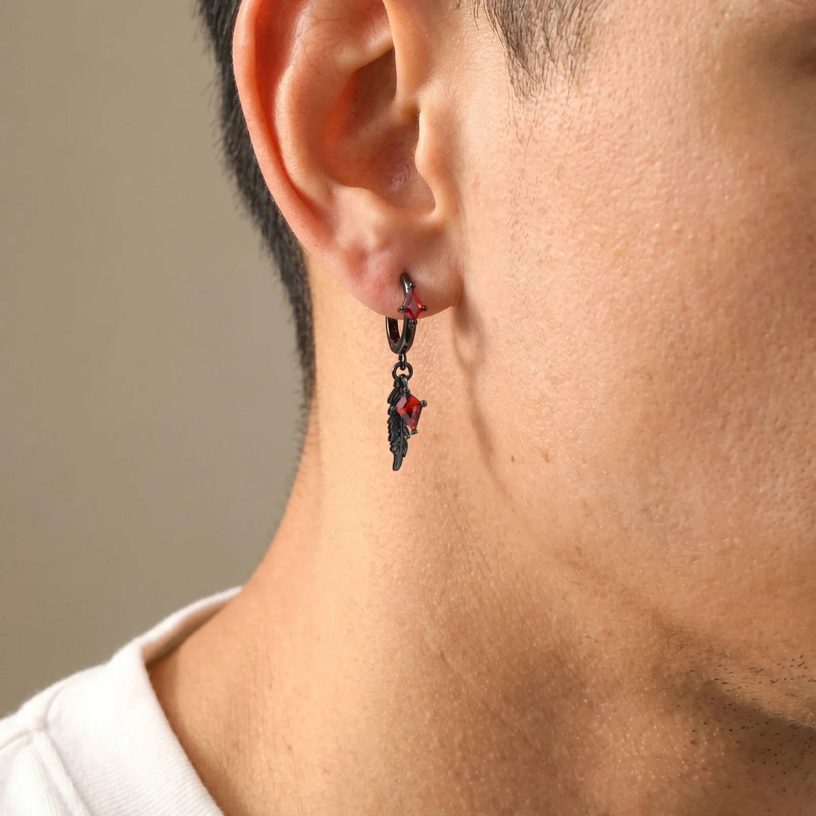 Vnox Gothic Wing Dangle Hoop Earrings for Men, Copper Feather Rhombus Red Clear Zircon Huggie Earrings Punk Hip Hop Jewelry Gift