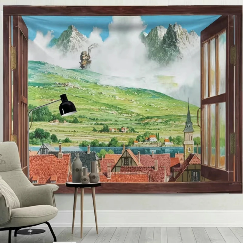 VIKAMA Anime-Wandteppich mit Fensteransicht-Szene, Polyester-Wandbehang für Schlafzimmer, Wohnzimmer, Wohnheim, Büro, ästhetische Heimdekoration