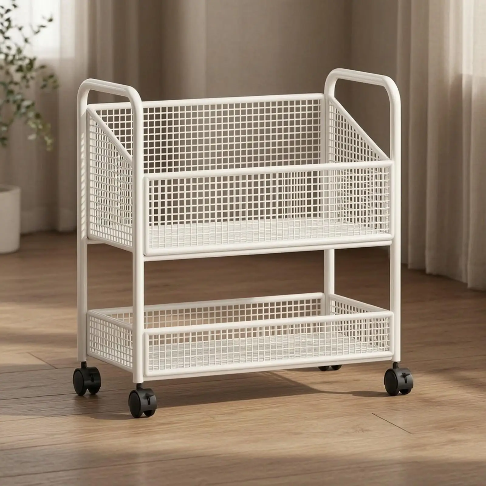 Portable Mobile Book Shelf Storage Rack with Wheels Open Shelving Unit Guard Rail Organizer for Small Space Home Office