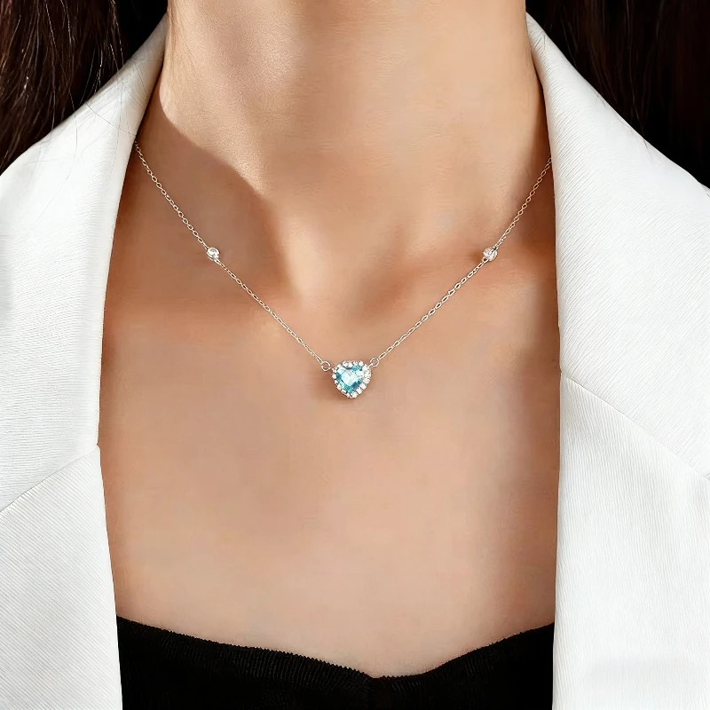 925 Sterling Silver Chain Unique and Stunning Women\'s Blue Love Heart Zircon Pendant Neck with Trendy Design Jewelry