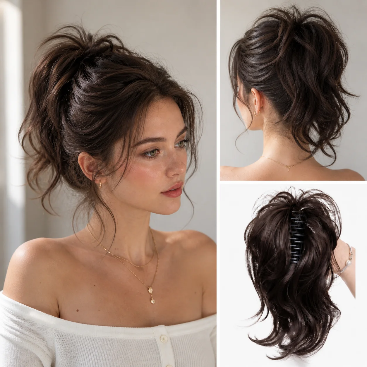 60g Short Wavy Claw Clip Ponytail 60g, Fluffy Synthetic High Bun Hairpiece for Women