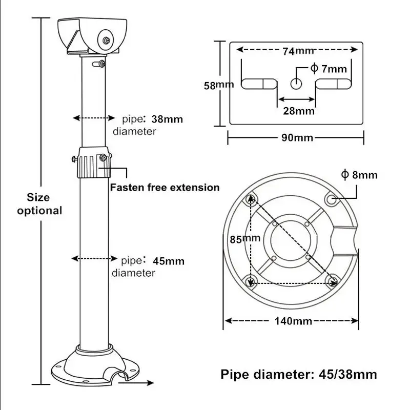 I-Type Super Long 75-150CM 100-200CM Extendable Security Bullet Camera Ceiling Mount/Vertical Mount Bracket 45mm Thickened Pipe