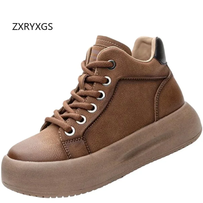 ZXRYXGS 2024 New Cross Straps High Top Short Boots Genuine Leather Sneakers Flat Platform Shoes Increase Sneakers Casual Shoes