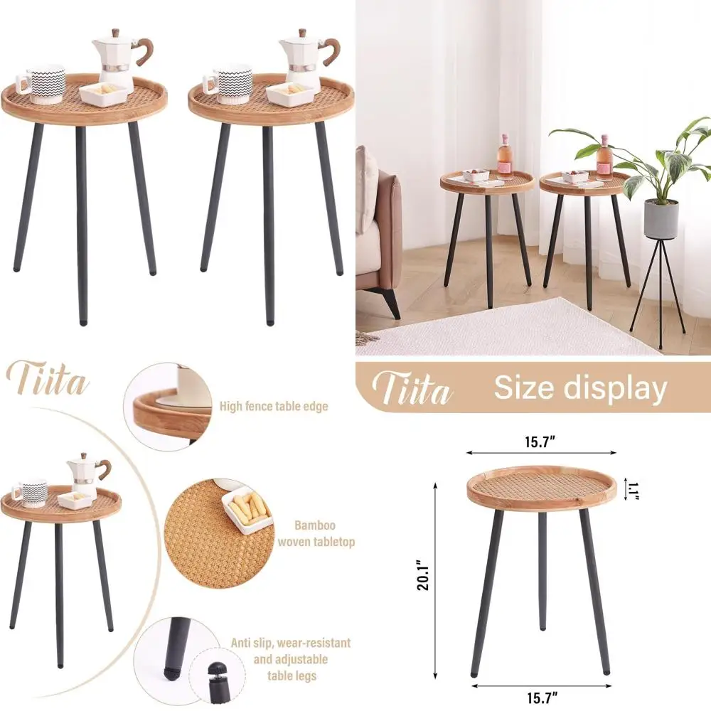 

Round Rattan End Table with Wooden Tray: Accent Coffee Table for Living Room, Bedroom, Office, Small Spaces