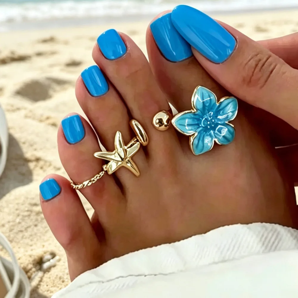 Ingemark Bohemian Starfish Flowers Open Toe Rings Set for Women Creative Golden Adjustable Toe Rings Summer Beach Foot Jewelry