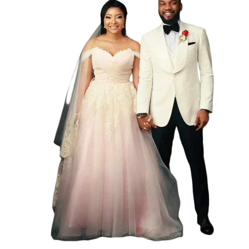 Maßgeschneiderte Schatz-Spitze-Applikationen A-Linie Brautkleid Sweep Zug aus der Schulter Garten Vestido De Noiva Brautkleider