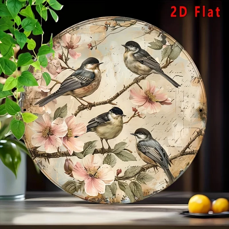 Vintage-Schild aus Metall mit botanischen Motiven und Vögeln, rund, Aluminium, 20,3 x 20,3 cm, Natur-Wanddekoration für Zuhause, Café, Garten