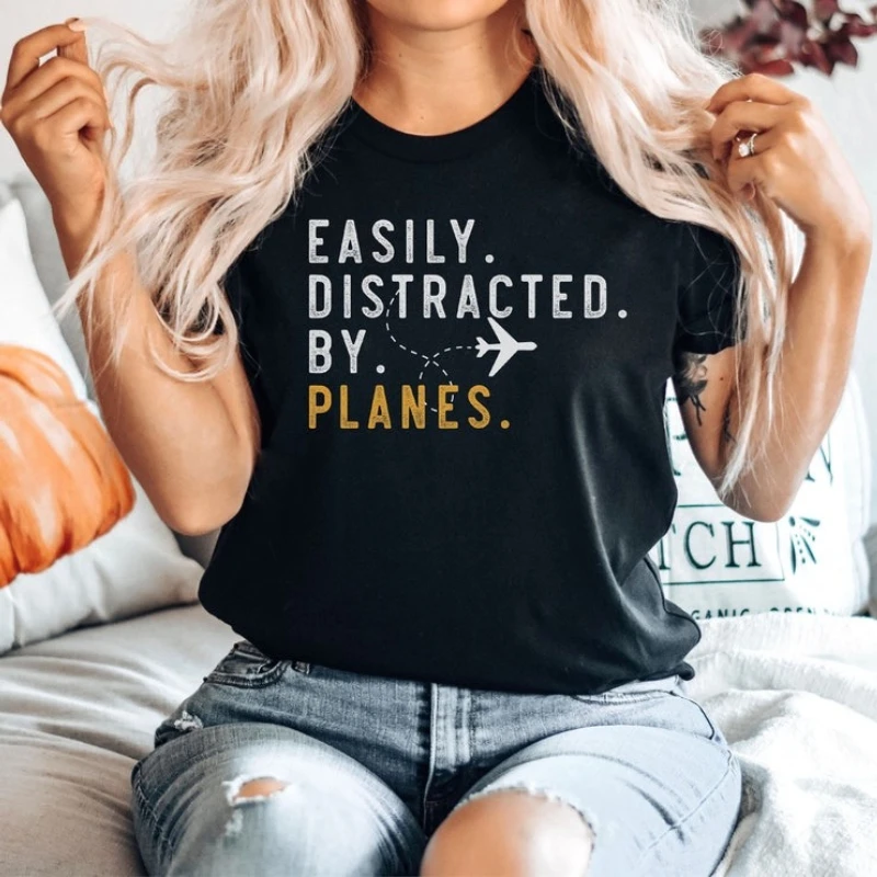

Easily Distracted by Airplanes Gift for Lover Aviation Funny Pilot Vintage Plane Retro Birthday Gift letters graphic tshirts