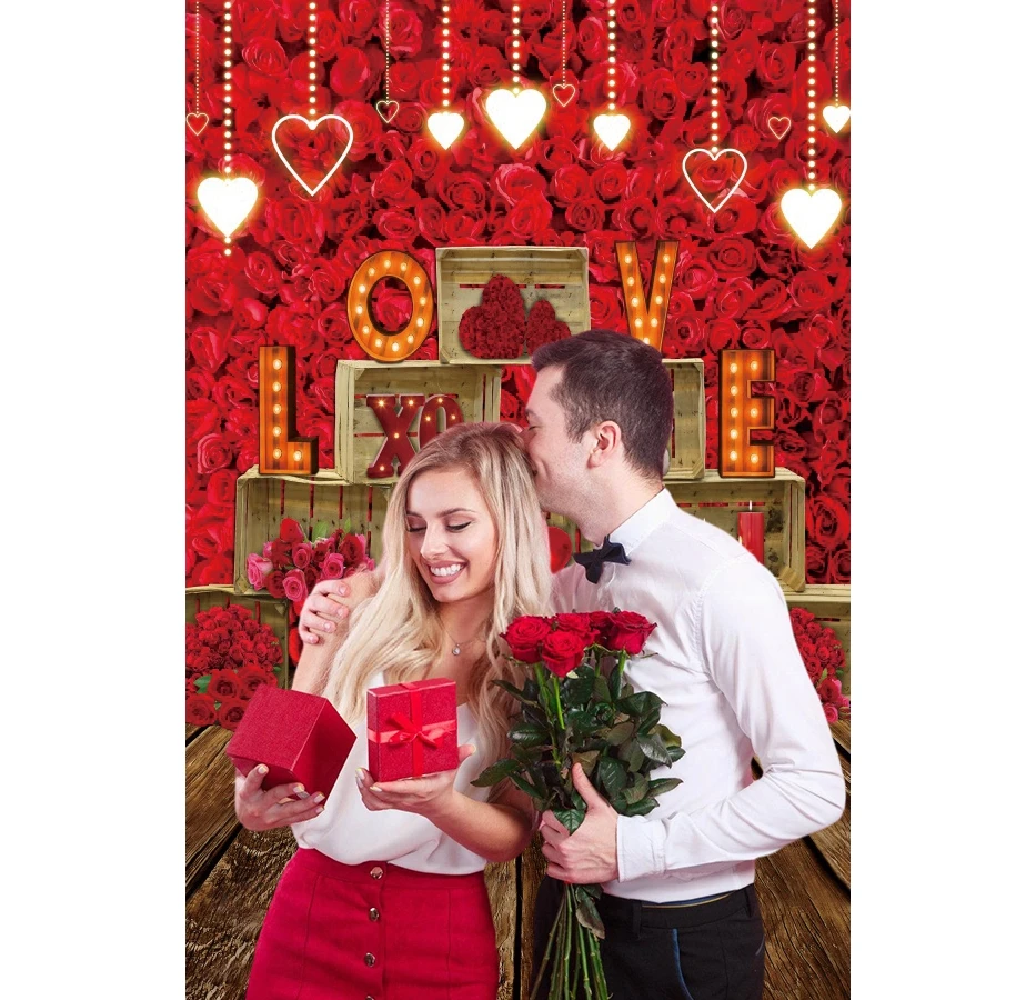 Valentine\'s Day Vertical Background Rose Flower Wooden Floor Love Heart Wedding Party Decor Couples Baby Portrait Photography