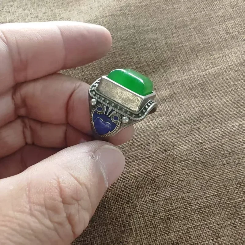 Oriental Vintage Unisex Open Ring Beaded Border Metal Frame Square Imitation Green Jade Adjustable Ethnic Finger Jewelry