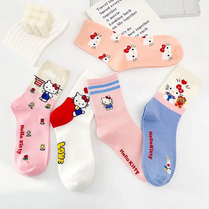 Sanrio Kawaii аниме мультфильм новые розовые клетчатые средние Носки женские универсальные милые Hello носки с котенком хлопок оптовая продажа