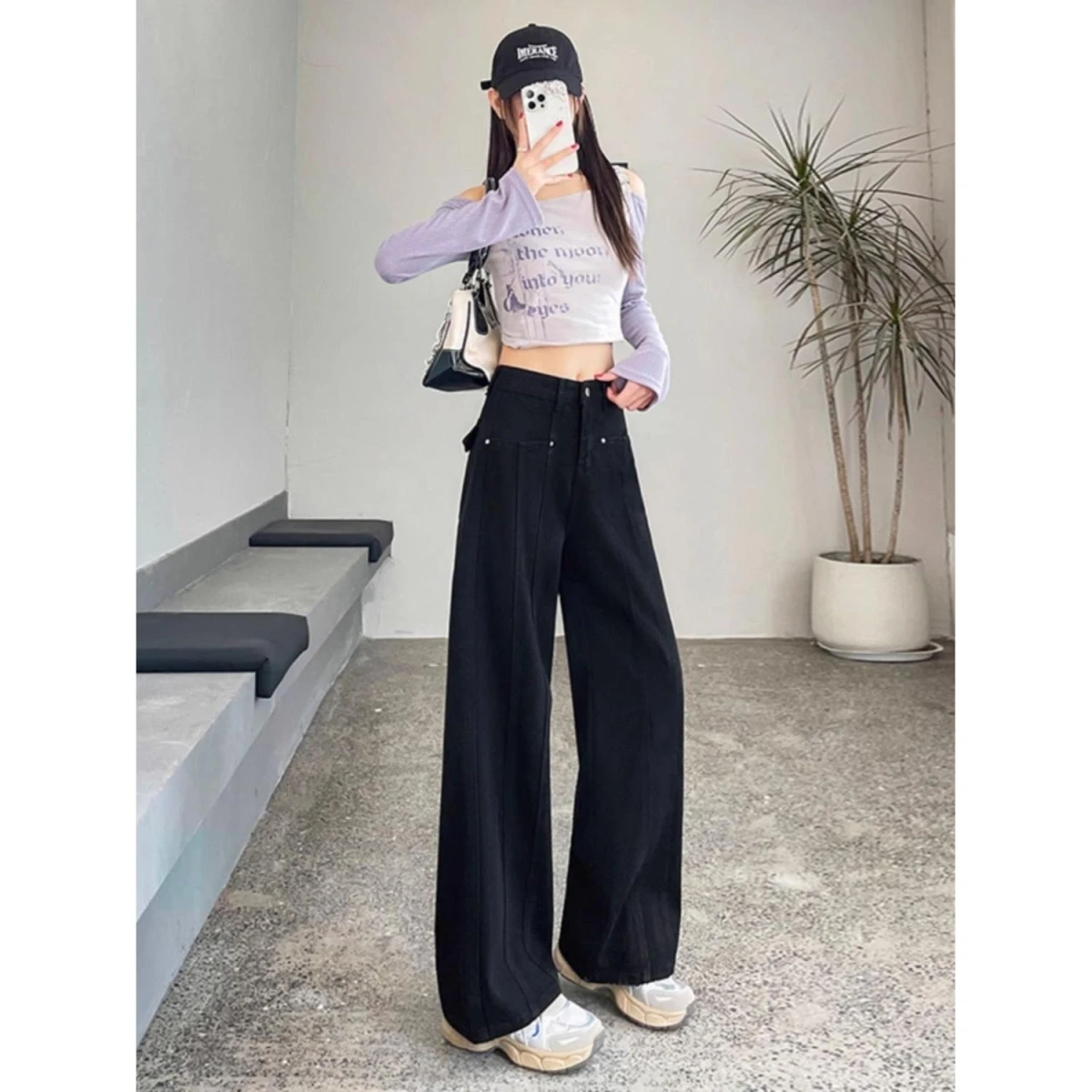 

American High-End Casual Pants Women's Loose Straight Leg Spring New Style Tailored Cotton Blend High Waist Wide Leg Jeans