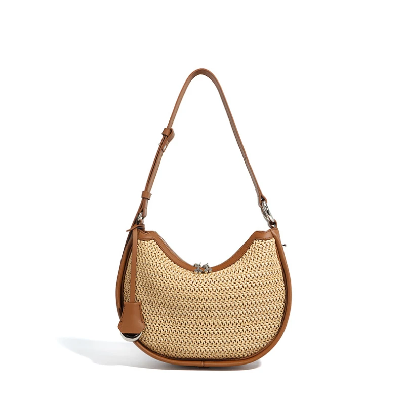 Half Moon Weave Straw Bags For Women Luxury Designer Genuine Leather Handbags Purses 2024 New Casual Hollow Out Underarm Bags