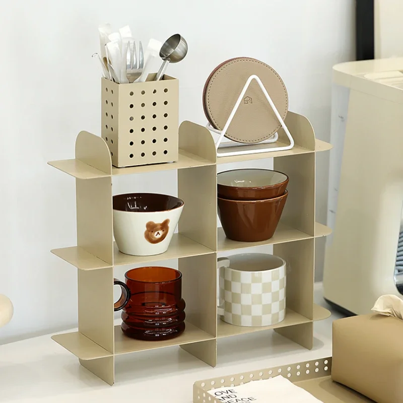 

Modern Simple Cosmetics Storage Shelves Creative Desktop Milk Tea Color Iron Art Display Rack Division Organization