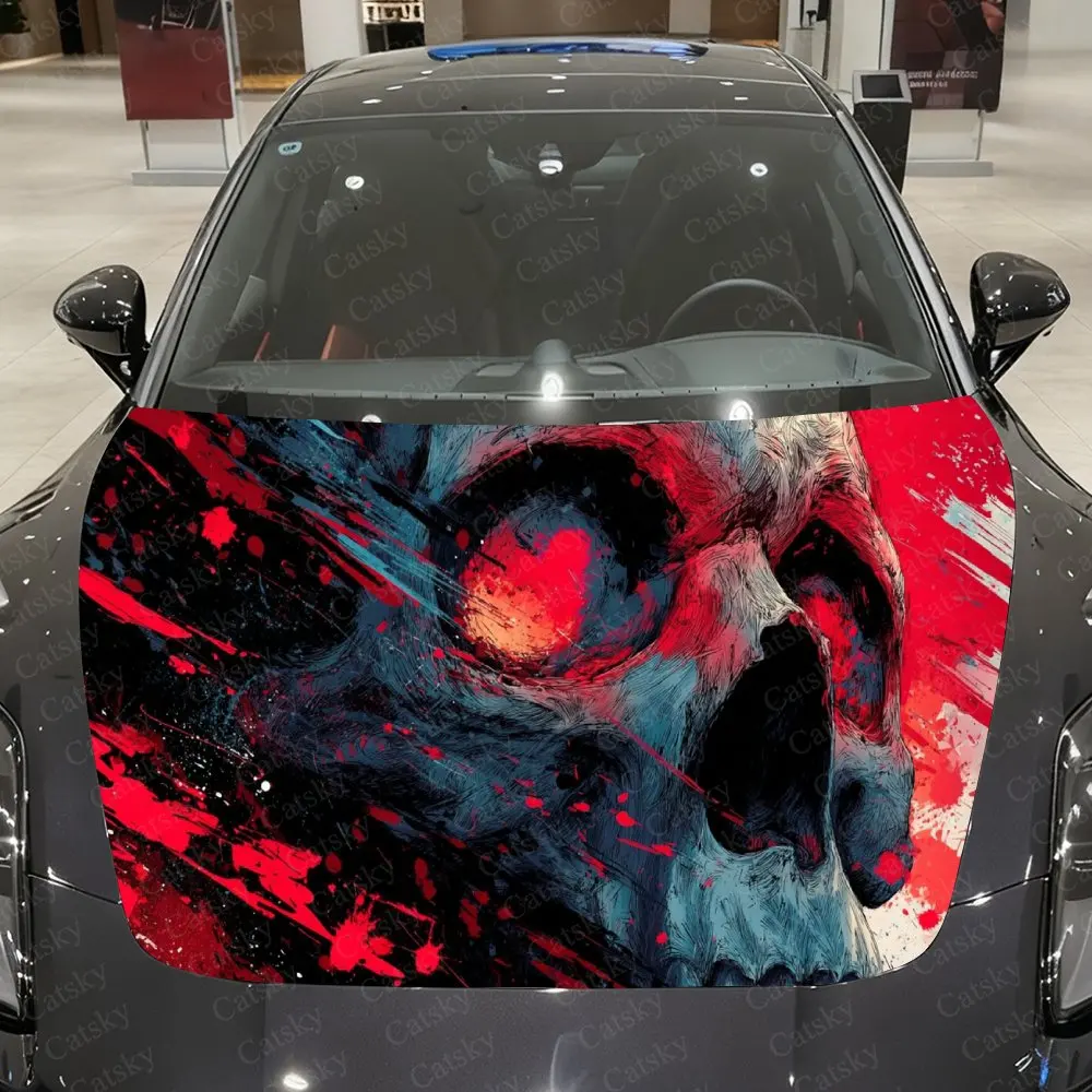 

Dark Blazing-Eyed Skull Car Vinyl Wrap, PVC Material Waterproof Car Hood Sticker, Self-Adhesive Scratch-Resistant Stickers for E