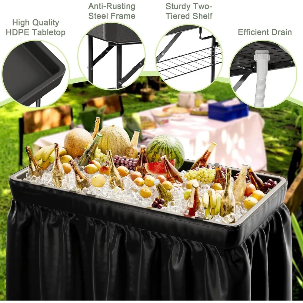 طاولة تبريد ثلج محمولة قابلة للطي مع تنورة مطابقة وصرف للحفلات الخارجية والتخييم وصيد الأسماك والتنظيف