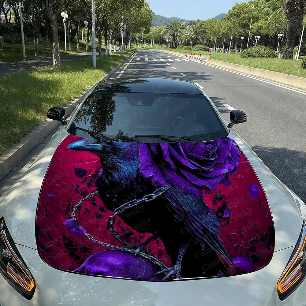 Purple Raven Rose Car Hood Sticker PVC Self Waterproof Stick,Striking Auto Exterior Accessories Decor Protect Gift for Car Lover