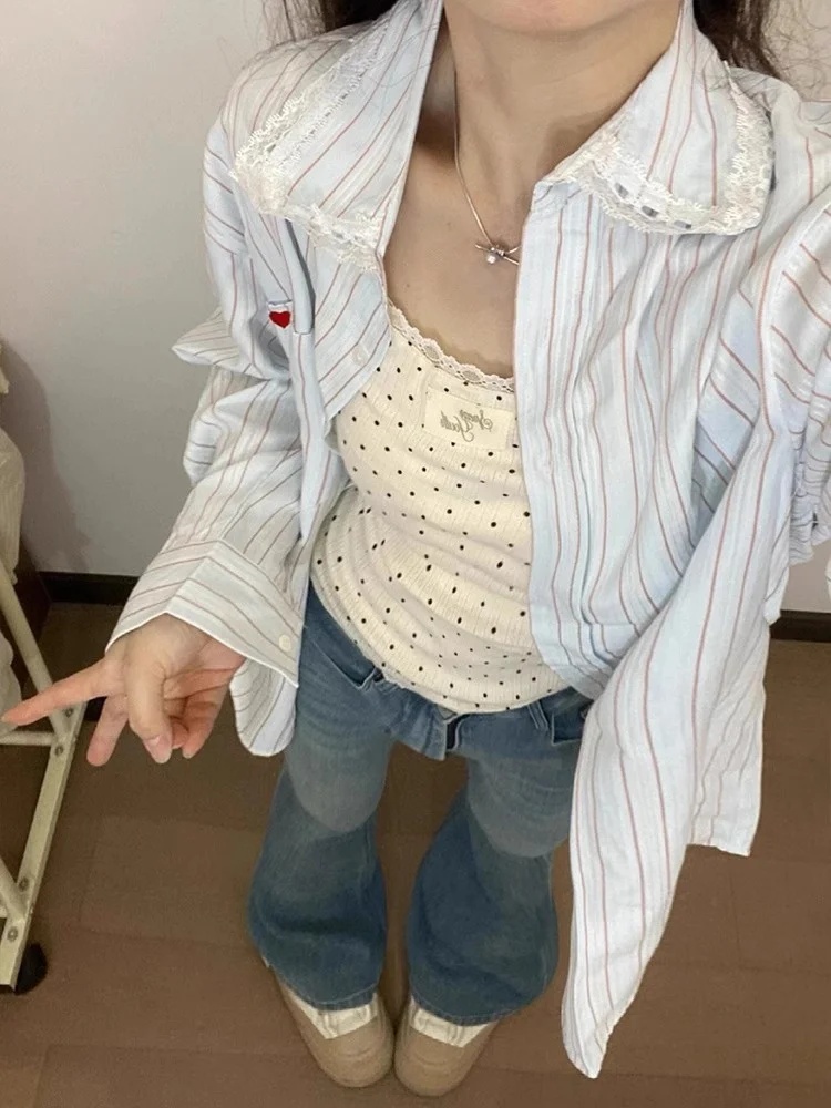 

Summer New Lazy Style Loose Lace Striped Blue Sunscreen Shirt for Women