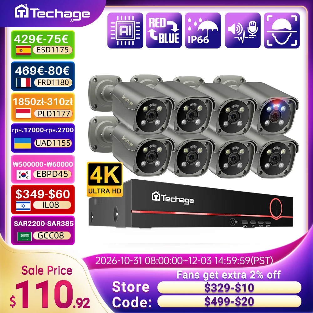 Poe Security Camera 8Mp 4K - Techage H.265 8CH 5MP 8MP 4K