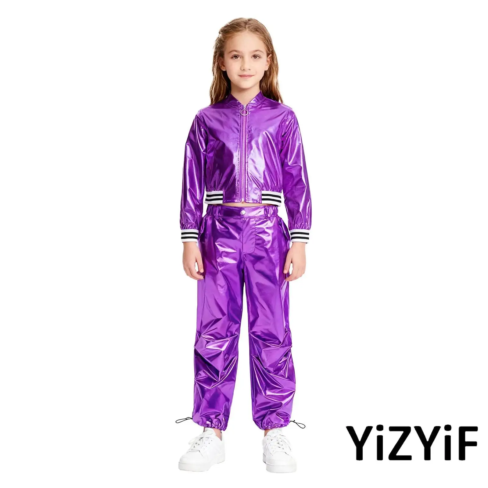 

Детский костюм для уличных танцев для девочек: металлическая куртка в стиле хип-хоп/джаз с брюками-карго для музыкальных фестивалей, рейвов и вечеринок