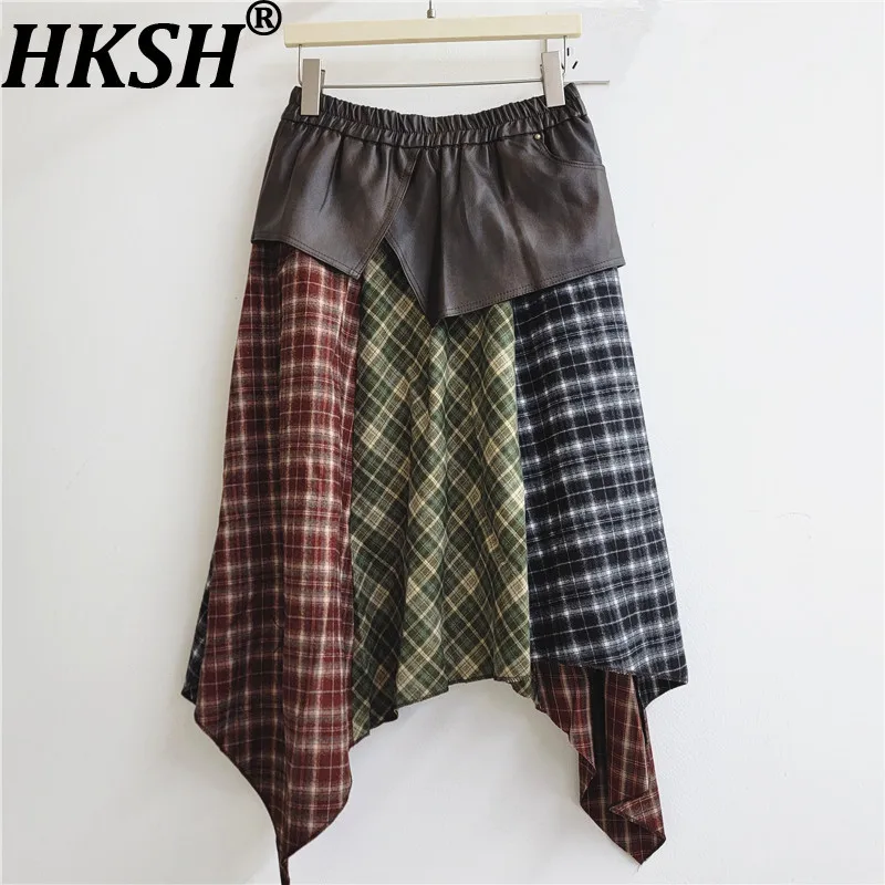 HKSH Women Skirt American Style Vintage PU Leather Patchwork Plaid Irregular Design Loose Casual Tide High Street Skirts HK26944