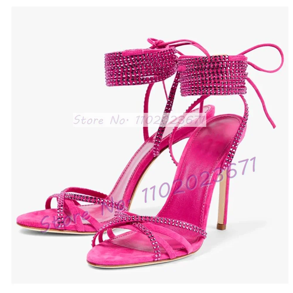

Crystal Cross Tied Sandals Women Elegant Strappy Stiletto High Heels Suede Shoes Summer Luxury Casual Party Bling Solid Shoes