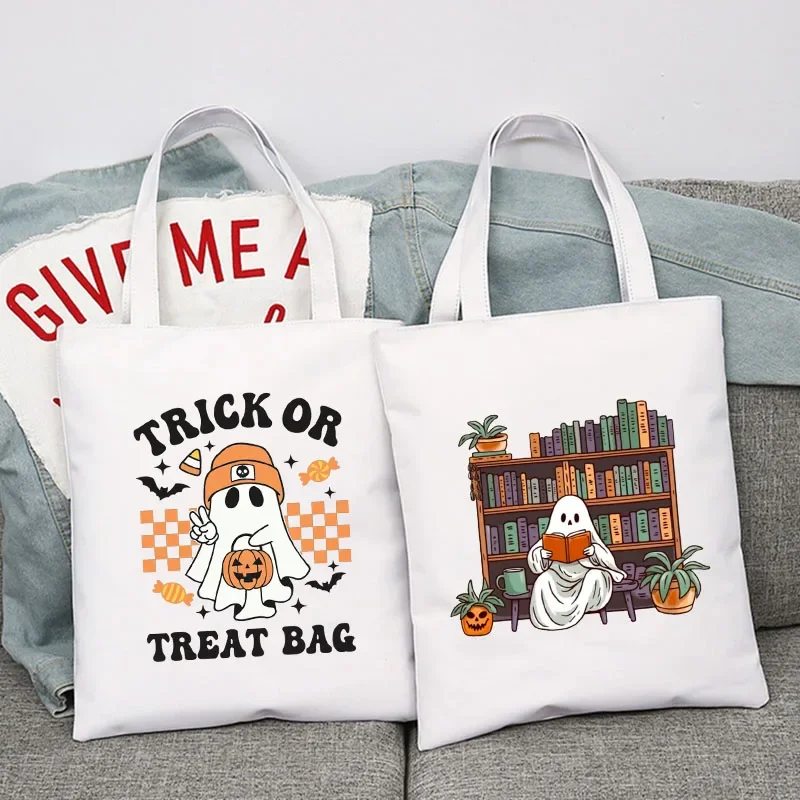 

Adorable Halloween Ghost Print Tote Bag - Stylish Womens Canvas Shoulder Bag for Spring Summer Shopping Fashion Accessory