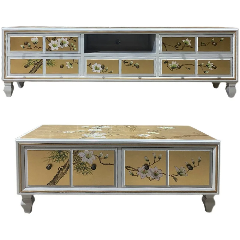 

White painted gold foil TV cabinet, coffee table, chest of drawers, chest of drawers, customizable size