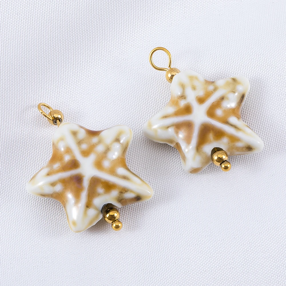 

2pcs 304 Stainless Steel Ceramic Bead Pendant In Starfish Shape Ocean Vacation Style DIY Necklace Keychain Charm Jewelry Finding