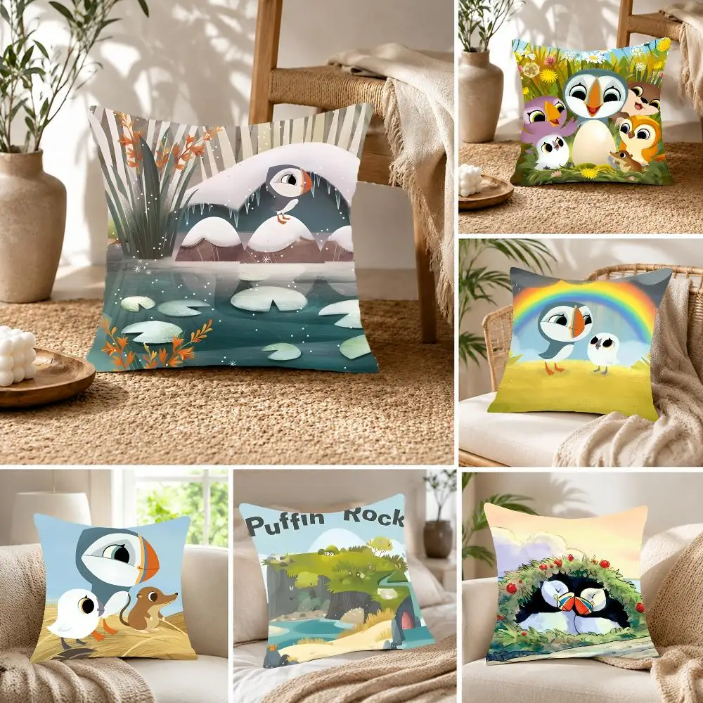 Cute cartoon Puffin Rock Cushion Cover Fluffy velvet Nordic style plush Living room sofa decorative