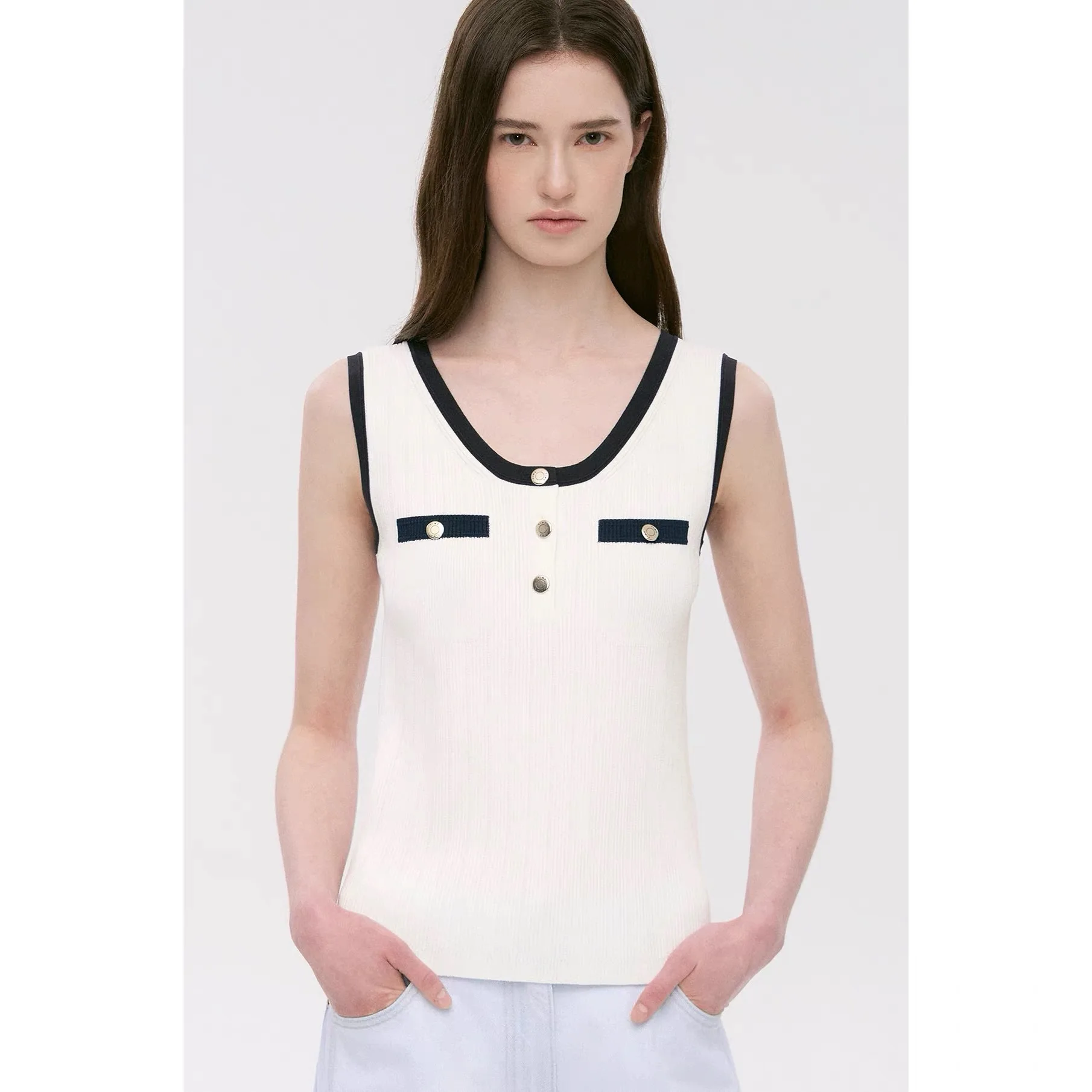 

NingYao TIM26 Spring Casual Fashion Color Block round Neck Slim Fit Knitted Sleeveless Vest Comfortable Breathable Women's Top