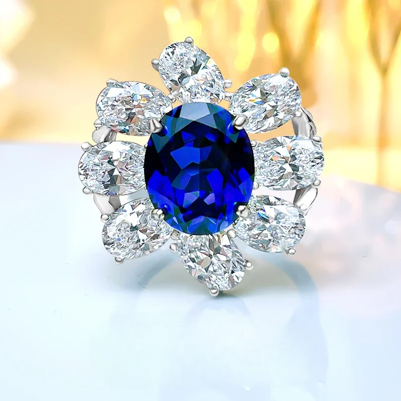 

Gaoding Flower Red Treasure Blue Treasure Ring and Ring for Women 925 Sterling Silver Luxury Style Wedding