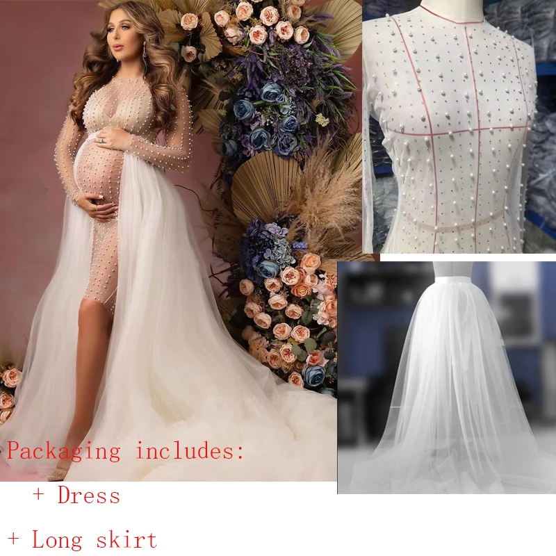 Maternity Photography Props Dress Transparent Tulle Pearl Pregnancy Dress baby shower dresses платье для беременных فساتين حوامل