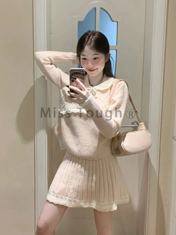 Preppy Style Elegant Knit 2 Piece Suit Woemn Autumn Winter Sweet Doll Collar Pink Skirt Suit Kawaii Sweater + Pleated Skirt Sets