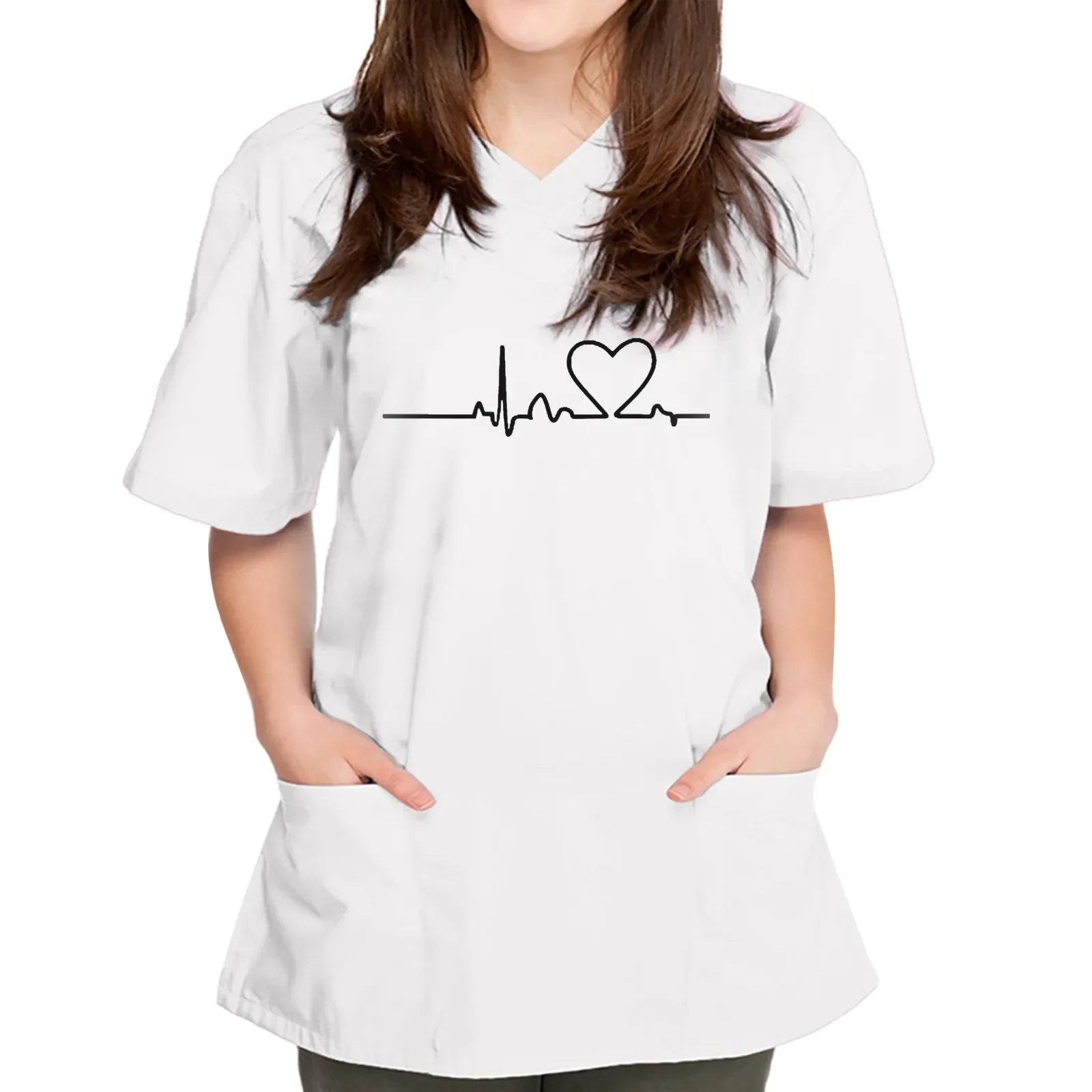 Uniforme d'infirmières à imprimé cœur pour femmes, manches courtes, col en V, uniforme de travail en Y, chemisier à poche imprimée, uniformes de toilettage pour animaux de compagnie, nouveau