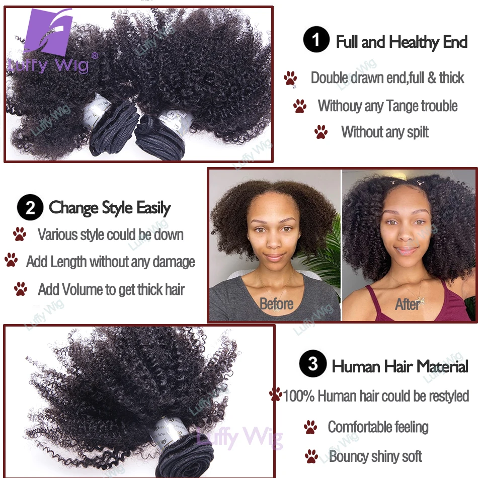 Afro Kinky Curly Human Hair Bundle Real Mongolian Remy Hair Extensions Double Drawn Weave Weft 95-100g/set For Black Women Luffy