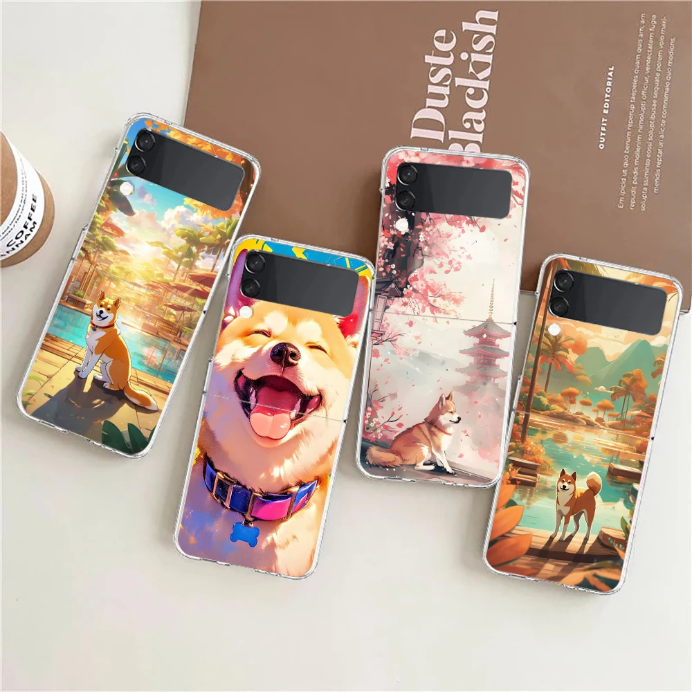 Capa de telefone para samsung galaxy z flip 7 6 5 4 caso transparente para samsung z flip 3 pc duro fitness shiba cão e gato correspondência