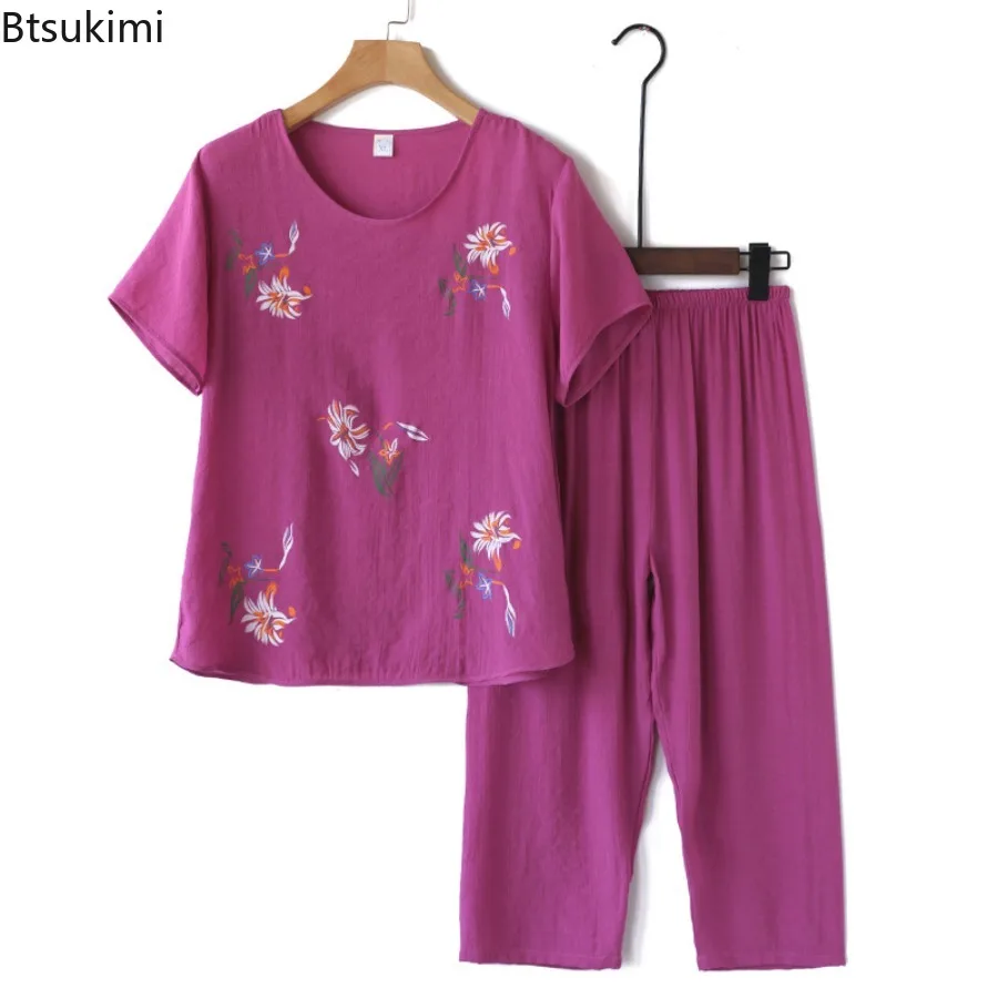 

Женский летний льняной комплект из двух предметов среднего возраста с короткими рукавами, летние женские пижамы, топ + брюки, комплект из двух предметов, домашняя одежда