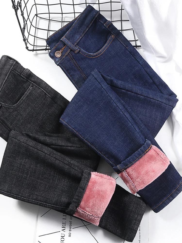 Dames dikke hoge taille jeans stretch skinny potloodbroek vrouwelijke denim broek, wintermode