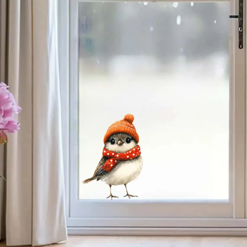 A Christmas Bird Window Sticker with a Red Hat And Scarf - Holiday Decoration, Winter Home And Kitchen Decoration M1657