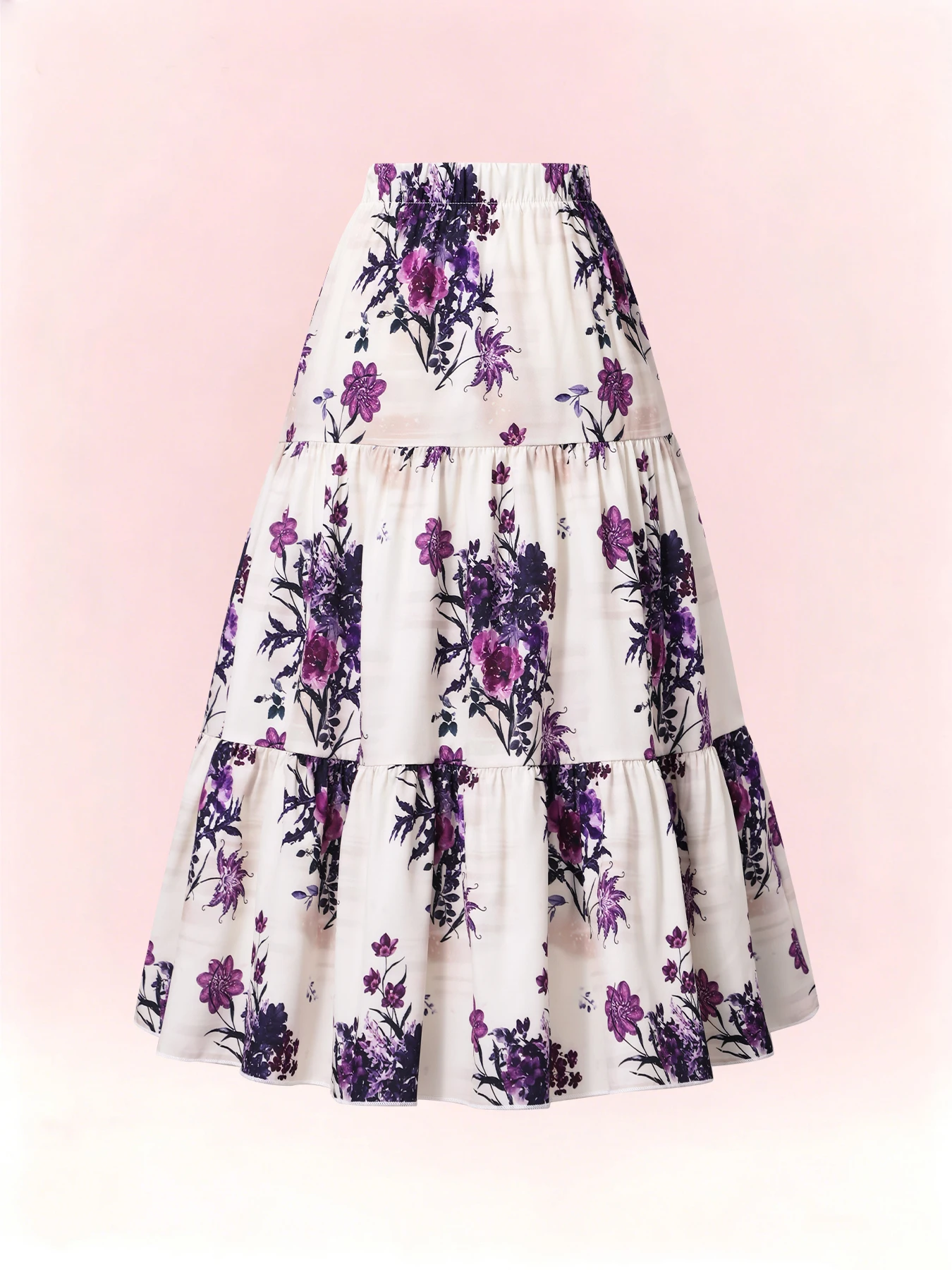 Vacation style purple flower print half-length skirt for 4-7 year old girls to wear when going out.