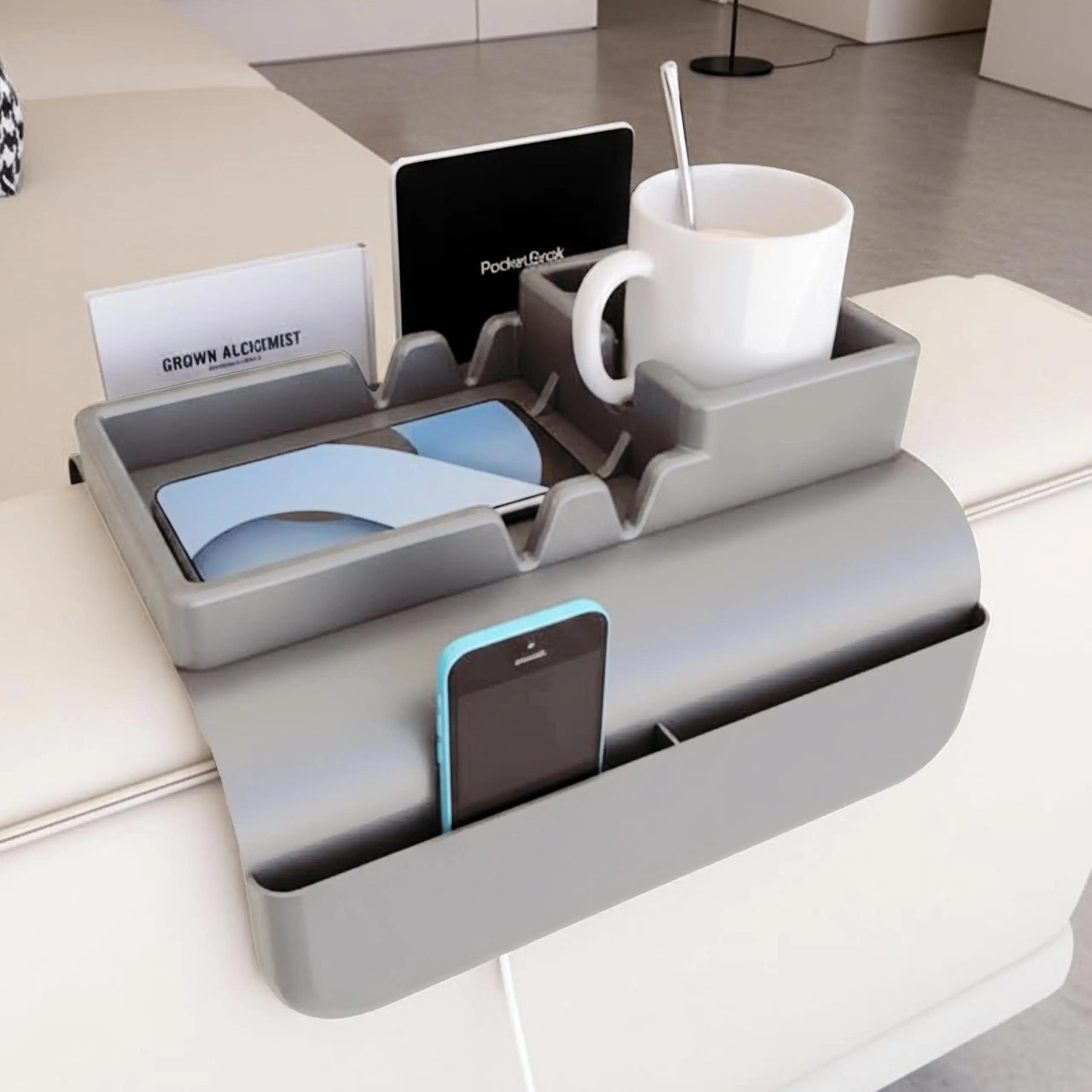 

Couch Cup Holder Silicone Armrest Tray with Dual Side Pockets Anti-Slip Sofa Organizer for Remote, Cellphone, Snacks & Drinks