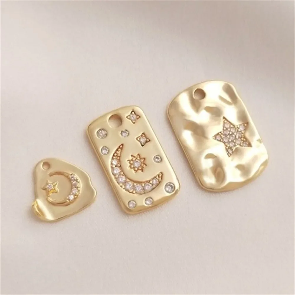 Inlaid Zircon Star and Moon Tag 14K Gold-Color Rectangular Card Pendant Handmade DIY Bracelet Necklace Jewelry Charm Pendant