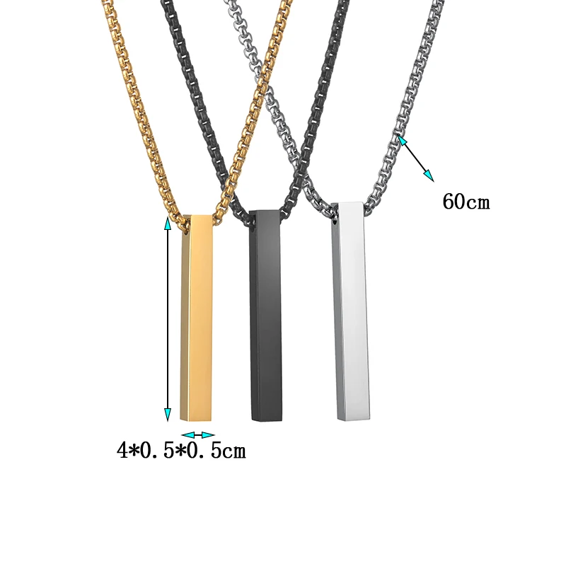 Akizoom 3 Color Four Sides Square Punk Man Necklace Stainless Steel Jewelry Blank Bar Long Chain for Women Family Christmas Gift