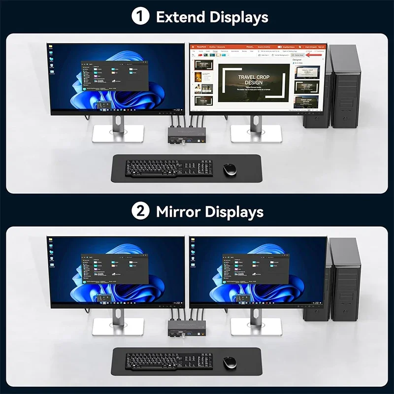 2x2 듀얼 모니터 HDMI KVM 스위처 2 in 2 out 4K 확장 디스플레이 HDMI DisplayPort USB3.0 PC 공유 마우스 키보드용 KVM 스위치