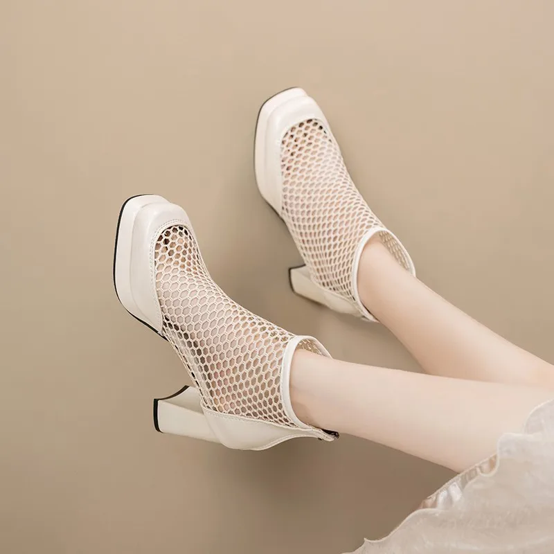 High Heel Cool Boots Summer New Style Round Head Mesh Breathable Rear Zipper Waterproof Table Non-slip Ankle Boots