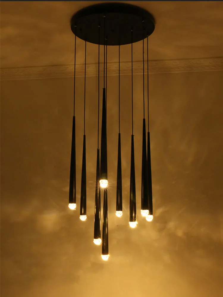 

Modern Luxury LED cone lights crystal pendant lamps Hanging Light Nordic Dining Room Black Long Spiral Stairwell Chandeliers