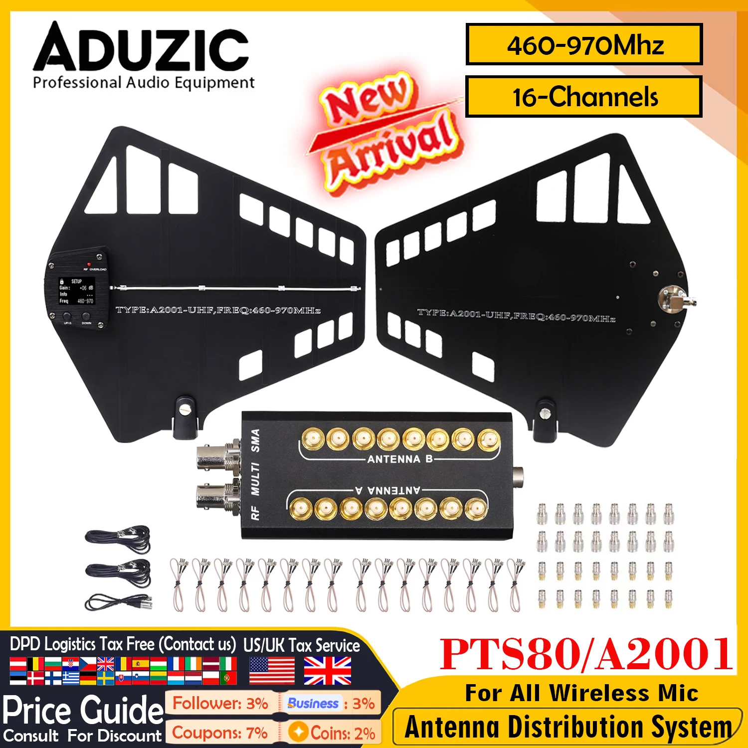 

ADUZIC PTS80 A2001 Active Antenna Distributor RF Distributor 16 Channel Combiner For Microphone Wireless Pro Audio Equipment