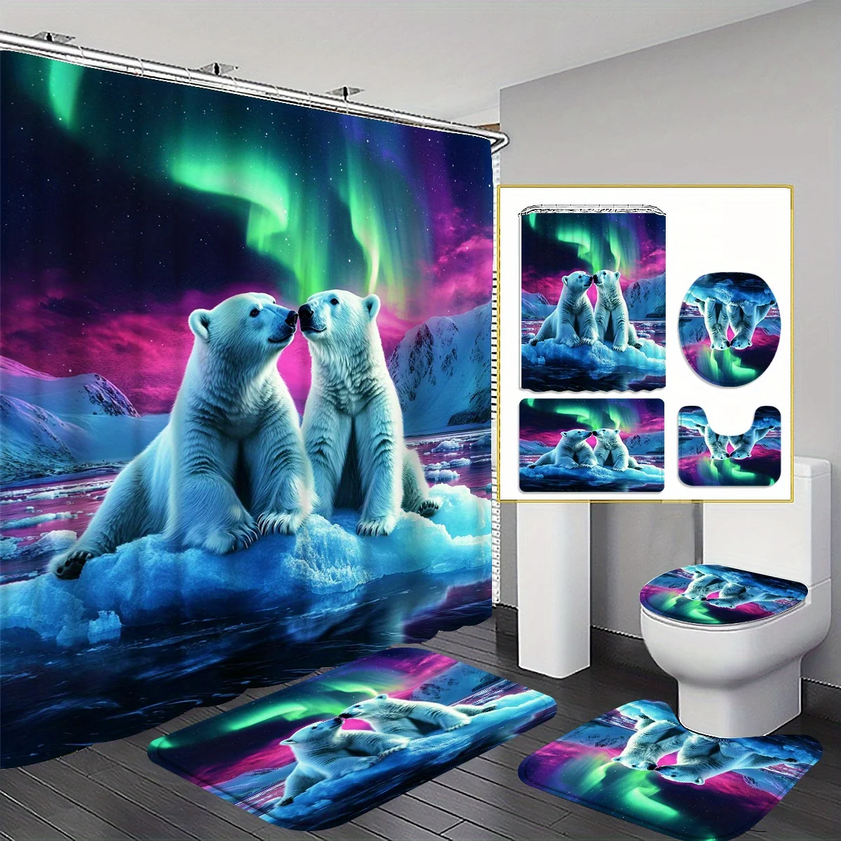 

4 шт., арктическое озеро, звездное небо, Аврора, белый медведь, узор, набор занавесок для душа, занавеска для ванной комнаты, декор для ванной комнаты, душ